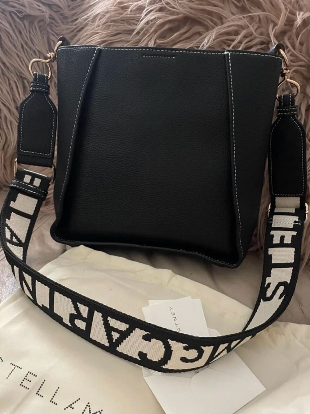 Stella McCartney Black and Gold Leather Trim Snap Detail